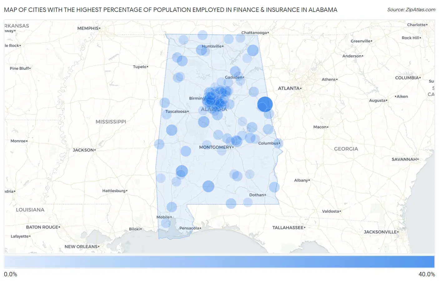 Cities with the Highest Percentage of Population Employed in Finance & Insurance in Alabama Map