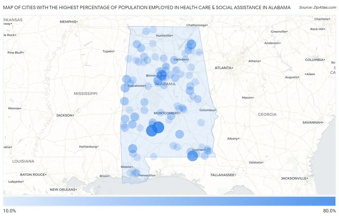 Cities with the Highest Percentage of Population Employed in Health Care & Social Assistance in Alabama Map