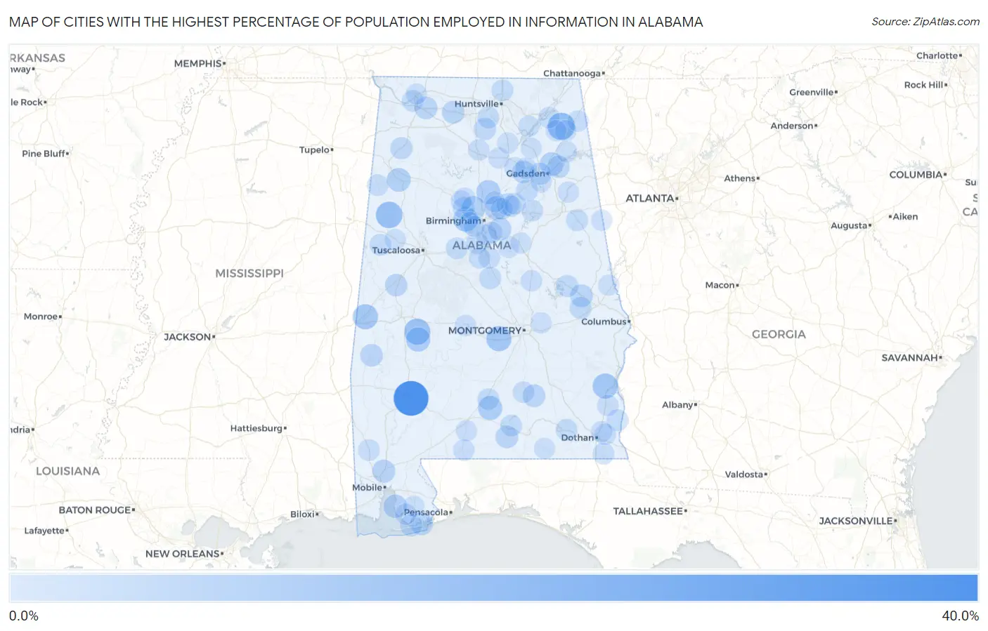 Cities with the Highest Percentage of Population Employed in Information in Alabama Map