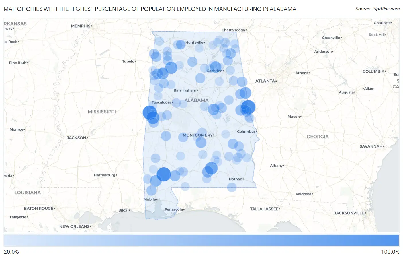 Cities with the Highest Percentage of Population Employed in Manufacturing in Alabama Map