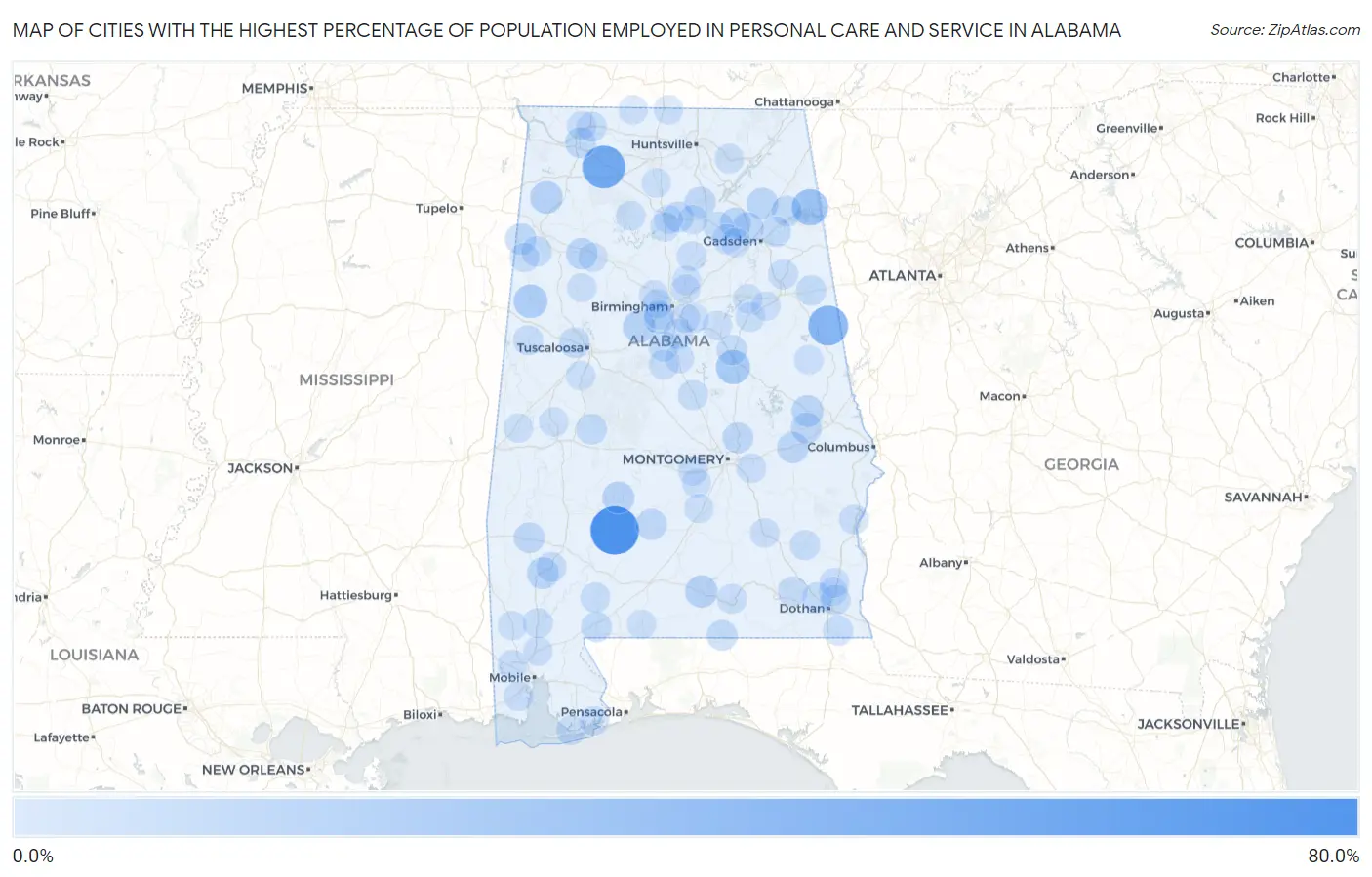 Cities with the Highest Percentage of Population Employed in Personal Care and Service in Alabama Map