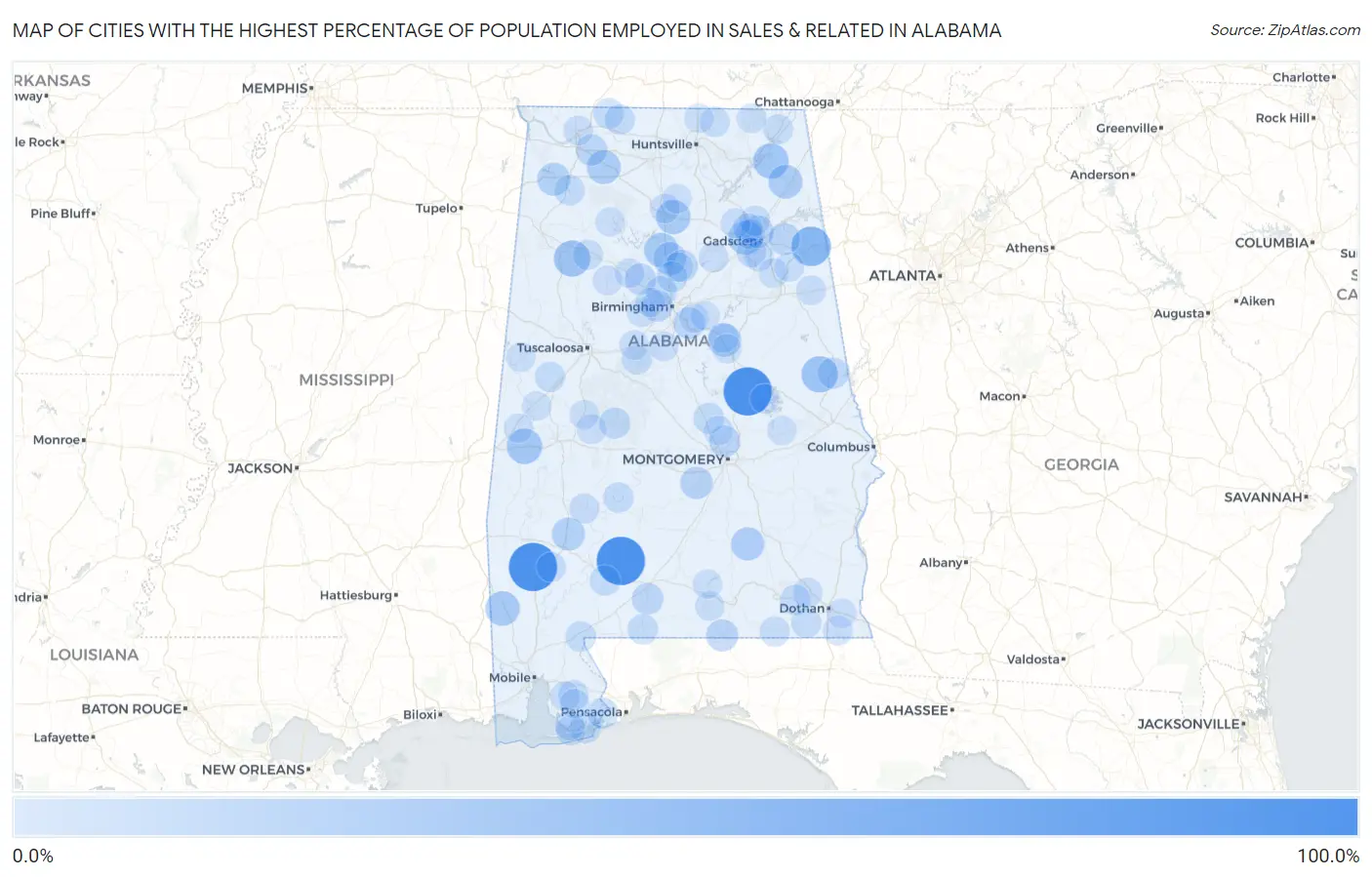 Cities with the Highest Percentage of Population Employed in Sales & Related in Alabama Map