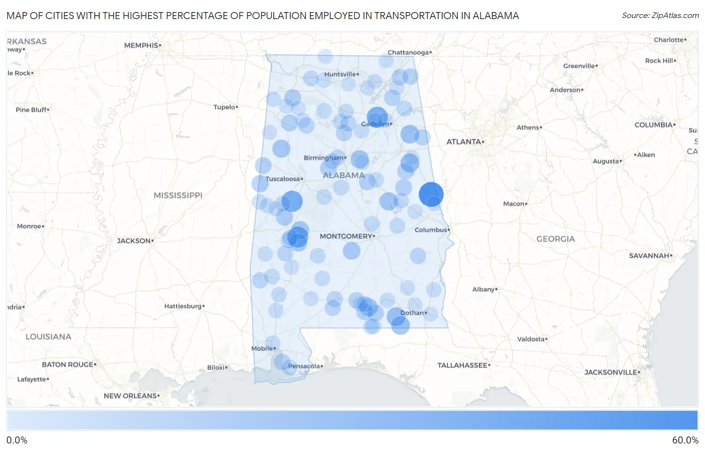 Cities with the Highest Percentage of Population Employed in Transportation in Alabama Map