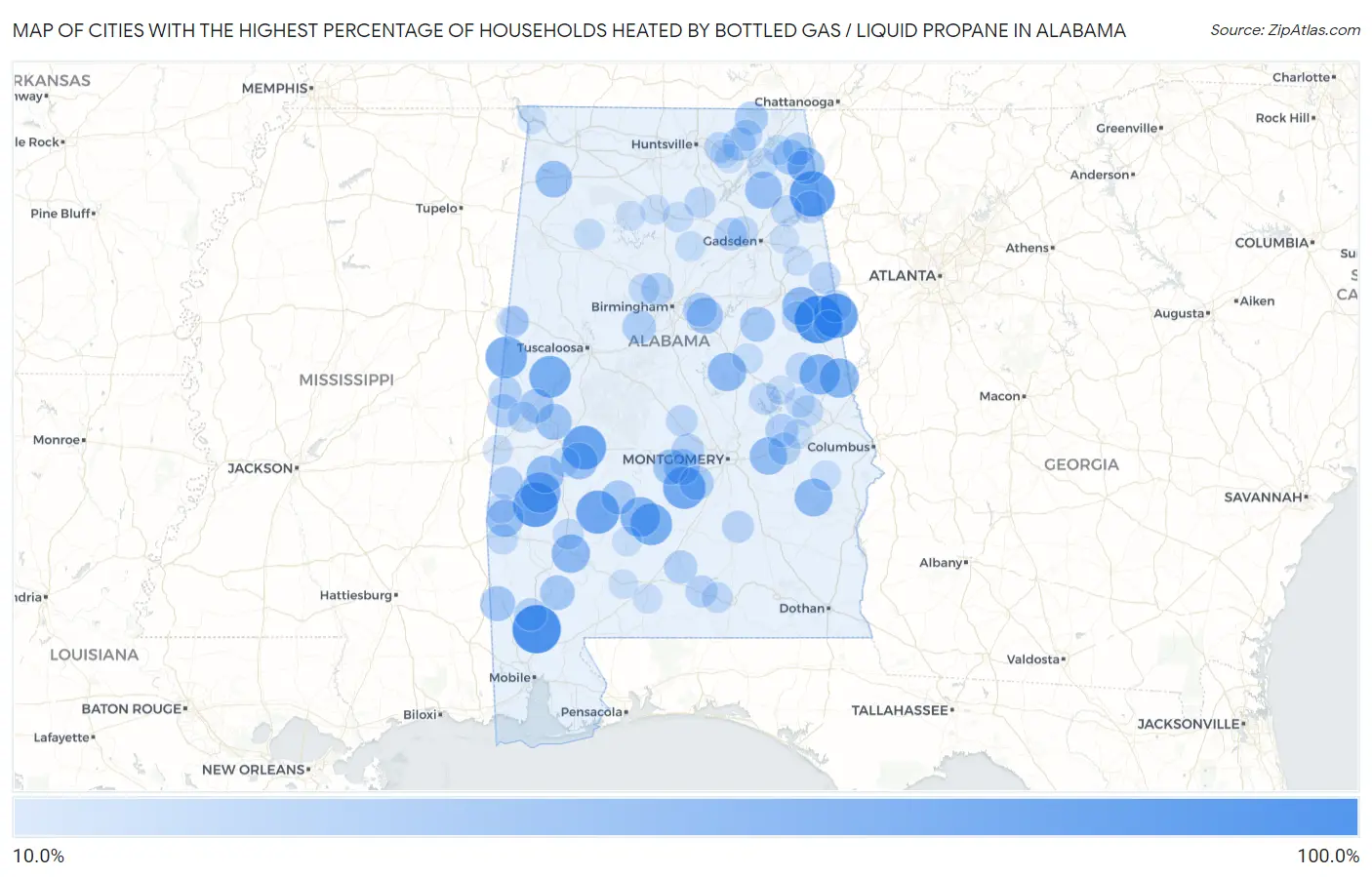Cities with the Highest Percentage of Households Heated by Bottled Gas / Liquid Propane in Alabama Map