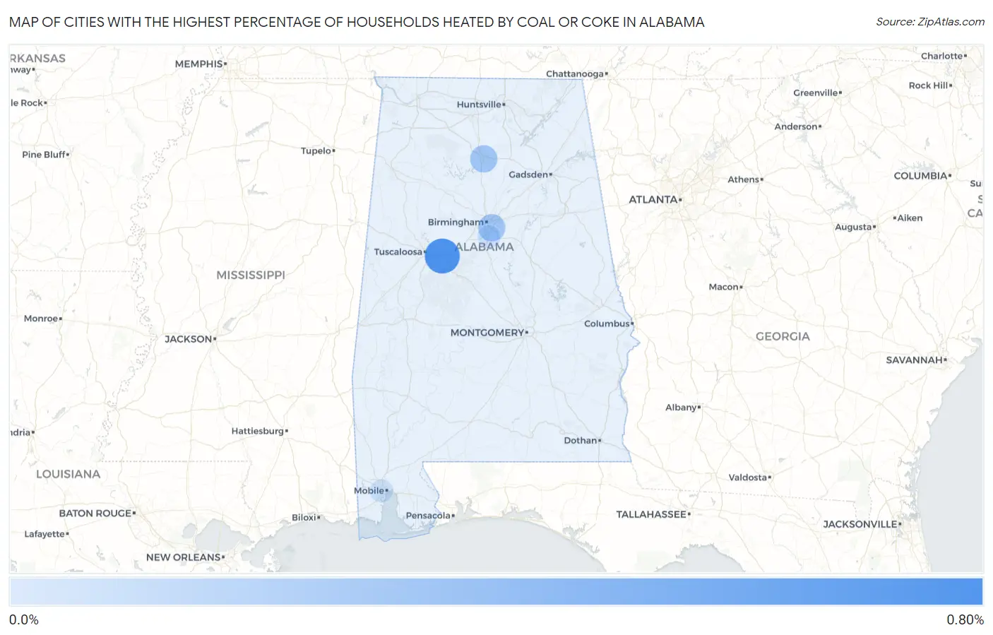Cities with the Highest Percentage of Households Heated by Coal or Coke in Alabama Map