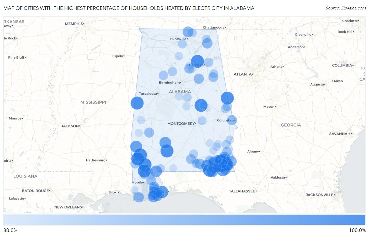 Cities with the Highest Percentage of Households Heated by Electricity in Alabama Map
