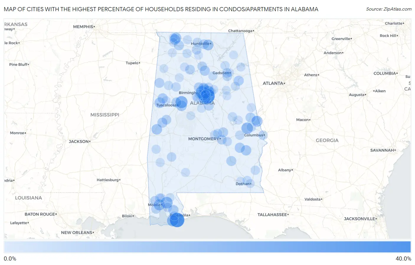 Cities with the Highest Percentage of Households Residing in Condos/Apartments in Alabama Map