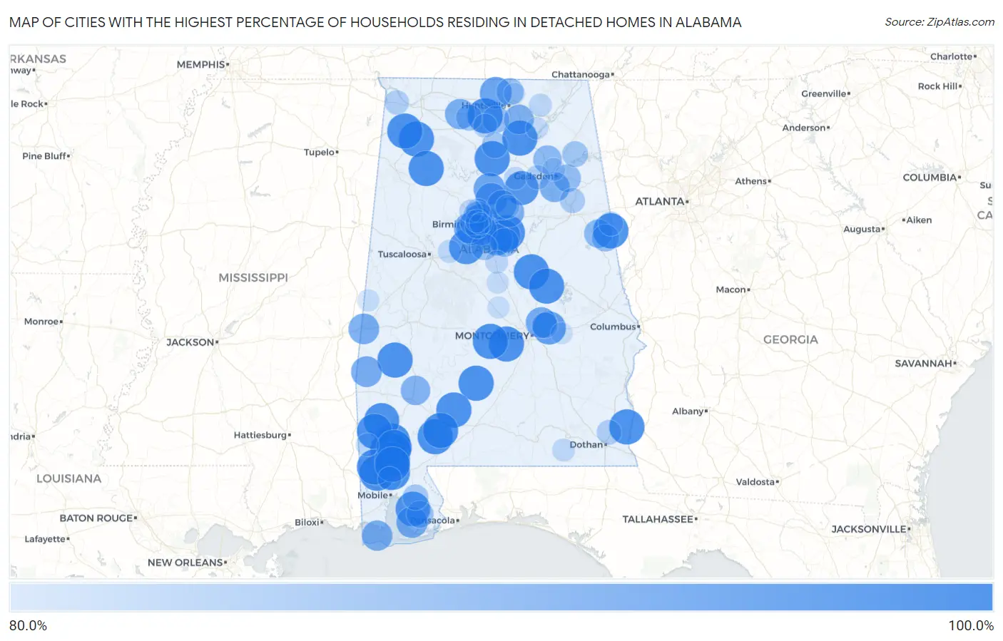 Cities with the Highest Percentage of Households Residing in Detached Homes in Alabama Map