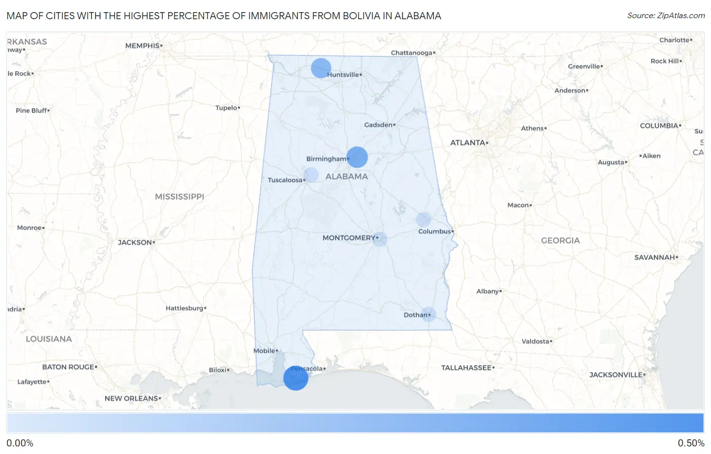 Cities with the Highest Percentage of Immigrants from Bolivia in Alabama Map
