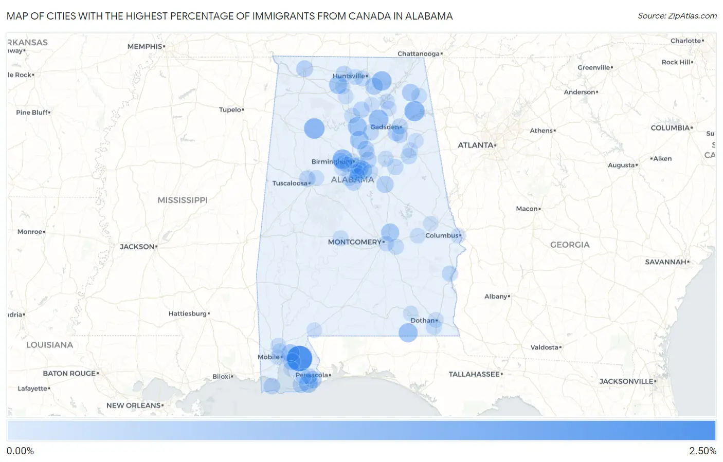 Cities with the Highest Percentage of Immigrants from Canada in Alabama Map
