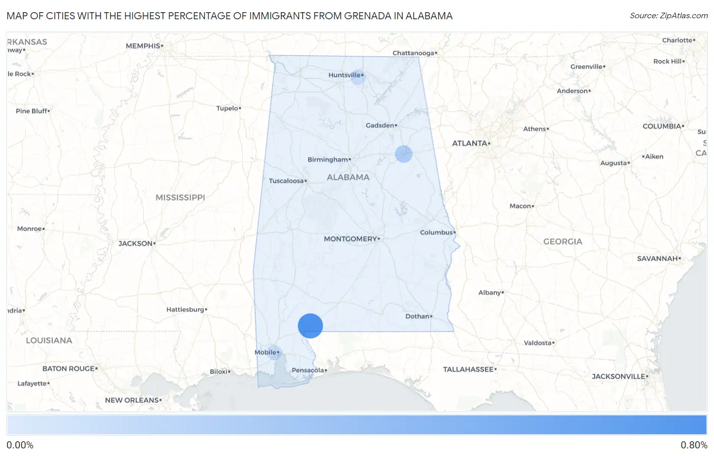 Cities with the Highest Percentage of Immigrants from Grenada in Alabama Map