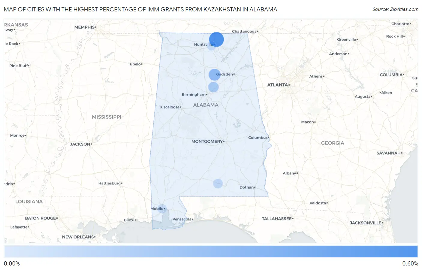 Cities with the Highest Percentage of Immigrants from Kazakhstan in Alabama Map