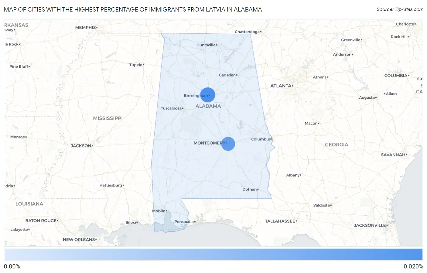 Cities with the Highest Percentage of Immigrants from Latvia in Alabama Map