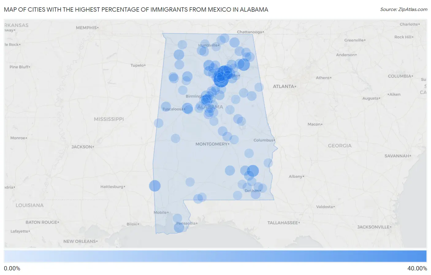 Cities with the Highest Percentage of Immigrants from Mexico in Alabama Map