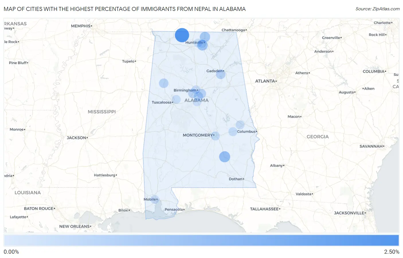 Cities with the Highest Percentage of Immigrants from Nepal in Alabama Map