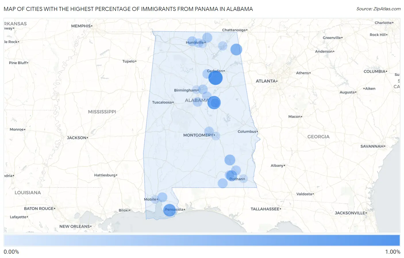 Cities with the Highest Percentage of Immigrants from Panama in Alabama Map