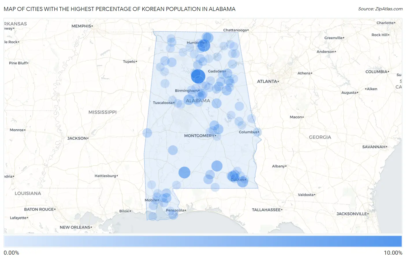 Cities with the Highest Percentage of Korean Population in Alabama Map