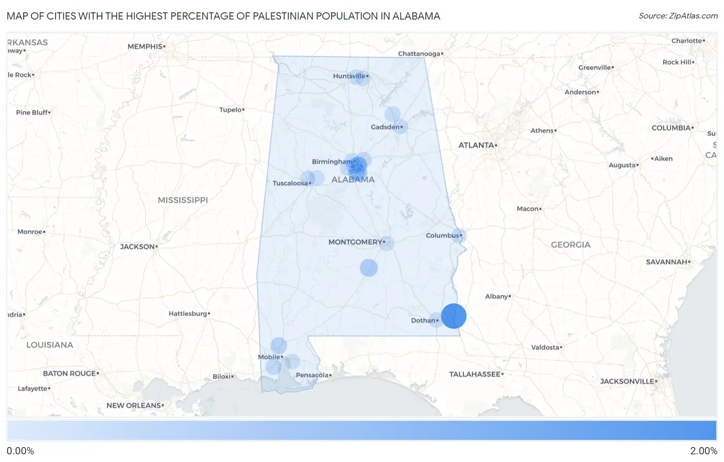 Cities with the Highest Percentage of Palestinian Population in Alabama Map