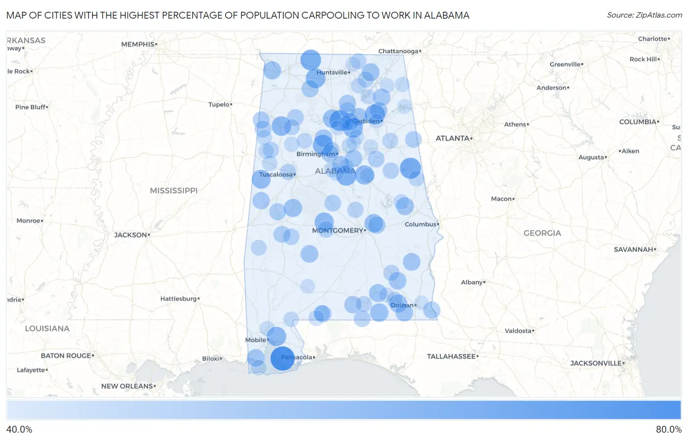 Cities with the Highest Percentage of Population Carpooling to Work in Alabama Map