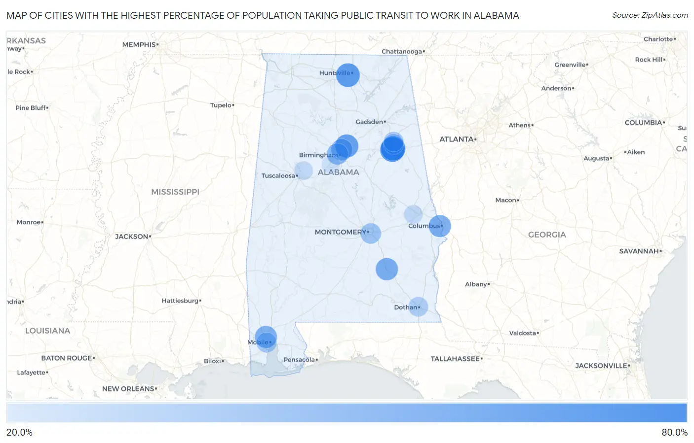 Cities with the Highest Percentage of Population Taking Public Transit to Work in Alabama Map