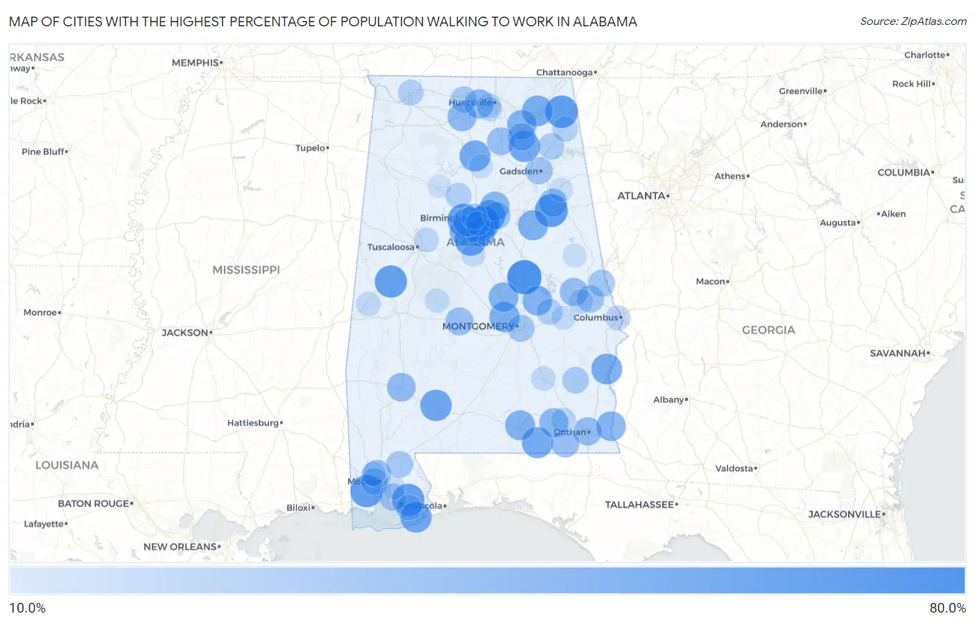Cities with the Highest Percentage of Population Walking to Work in Alabama Map