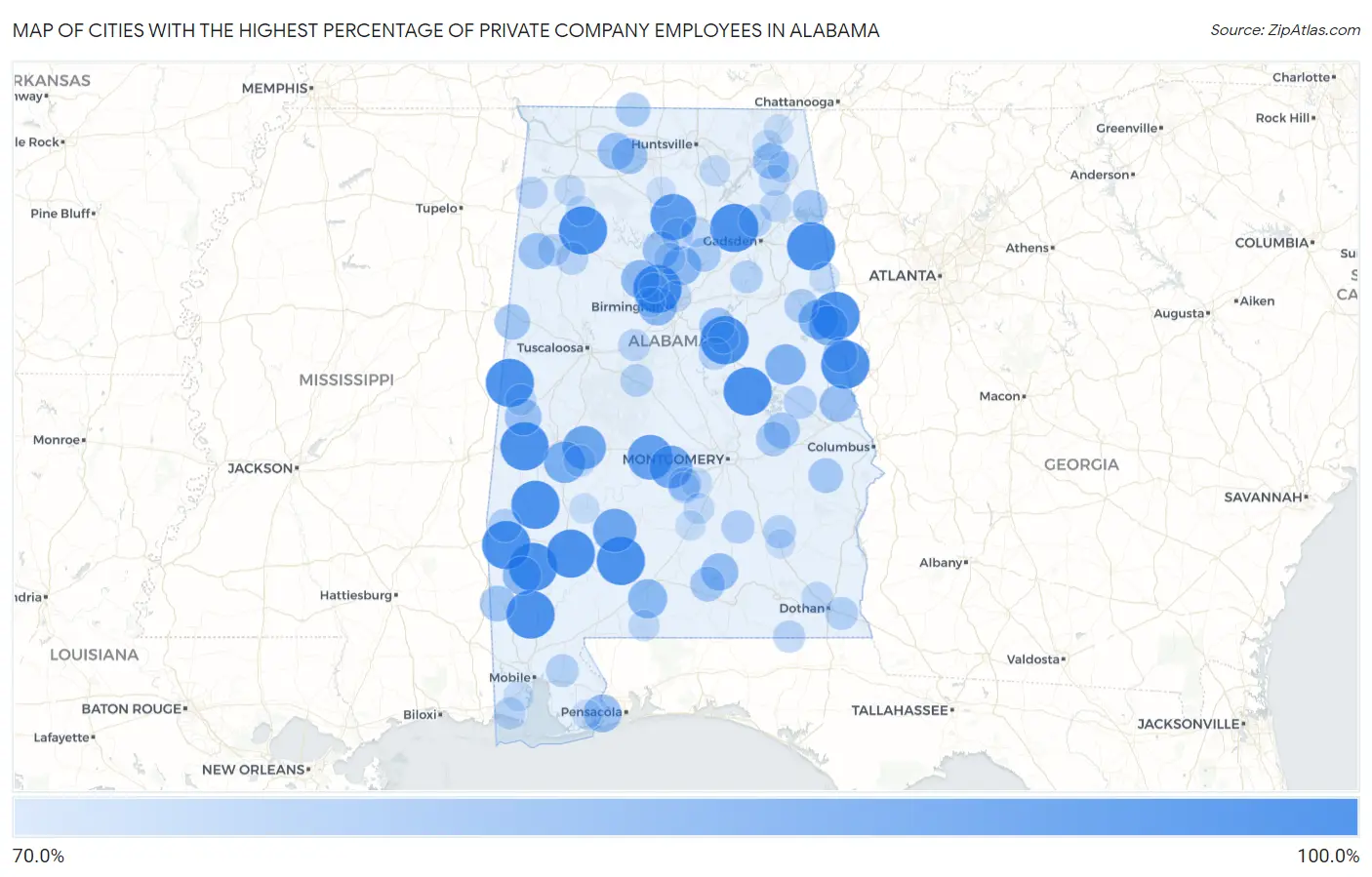 Cities with the Highest Percentage of Private Company Employees in Alabama Map