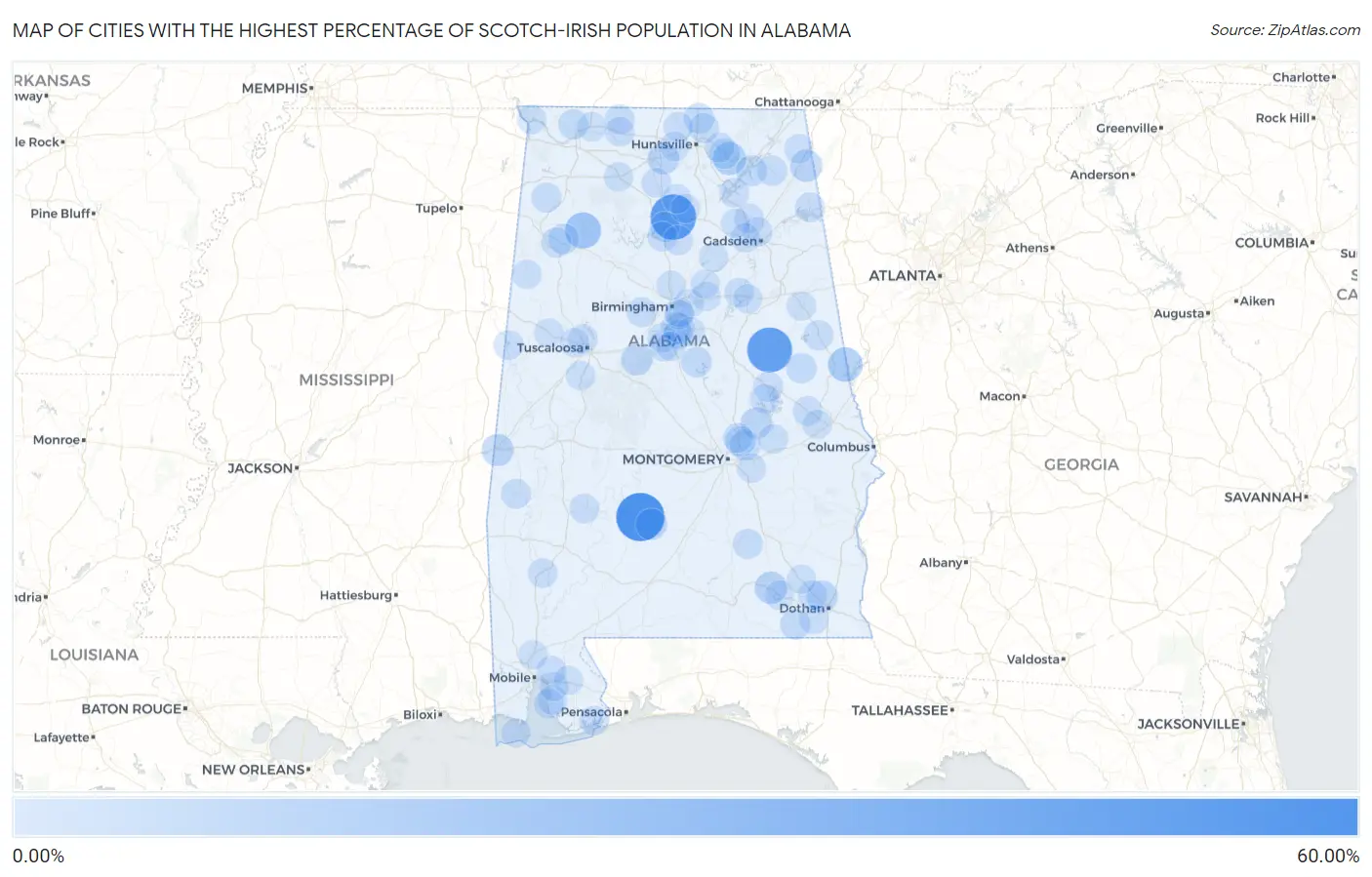 Cities with the Highest Percentage of Scotch-Irish Population in Alabama Map