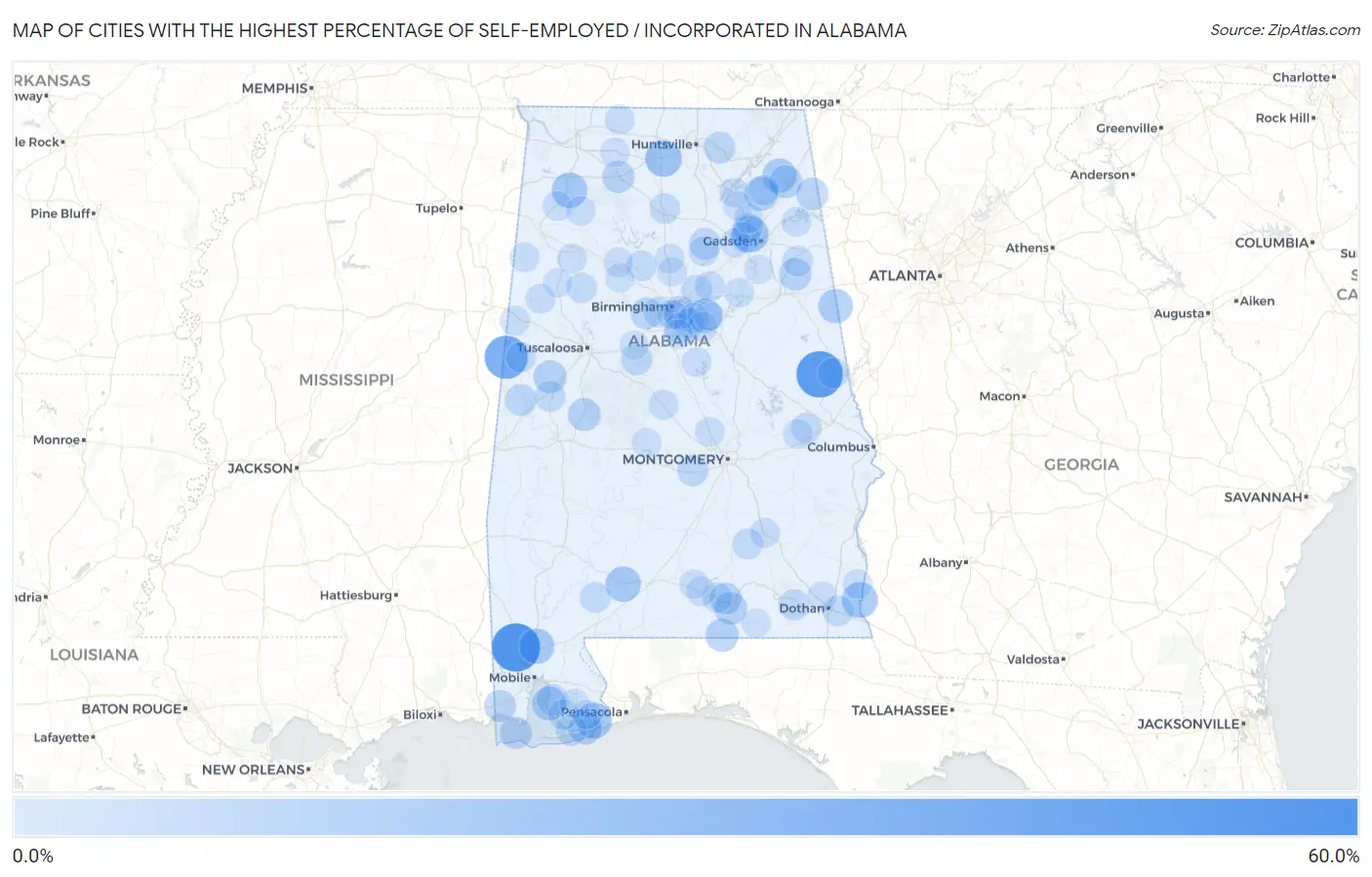 Cities with the Highest Percentage of Self-Employed / Incorporated in Alabama Map