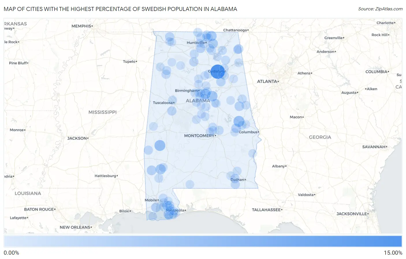 Cities with the Highest Percentage of Swedish Population in Alabama Map