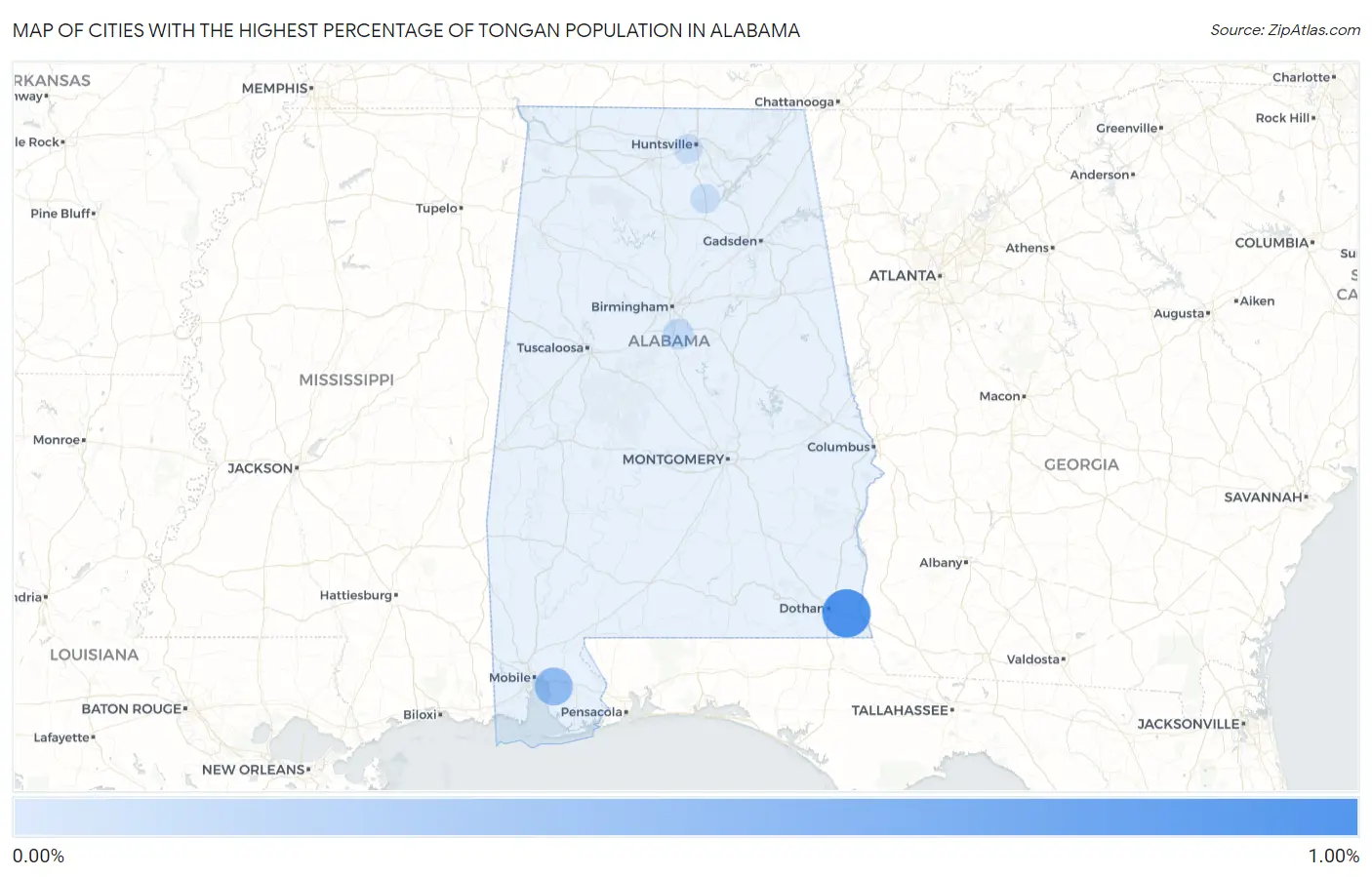 Cities with the Highest Percentage of Tongan Population in Alabama Map