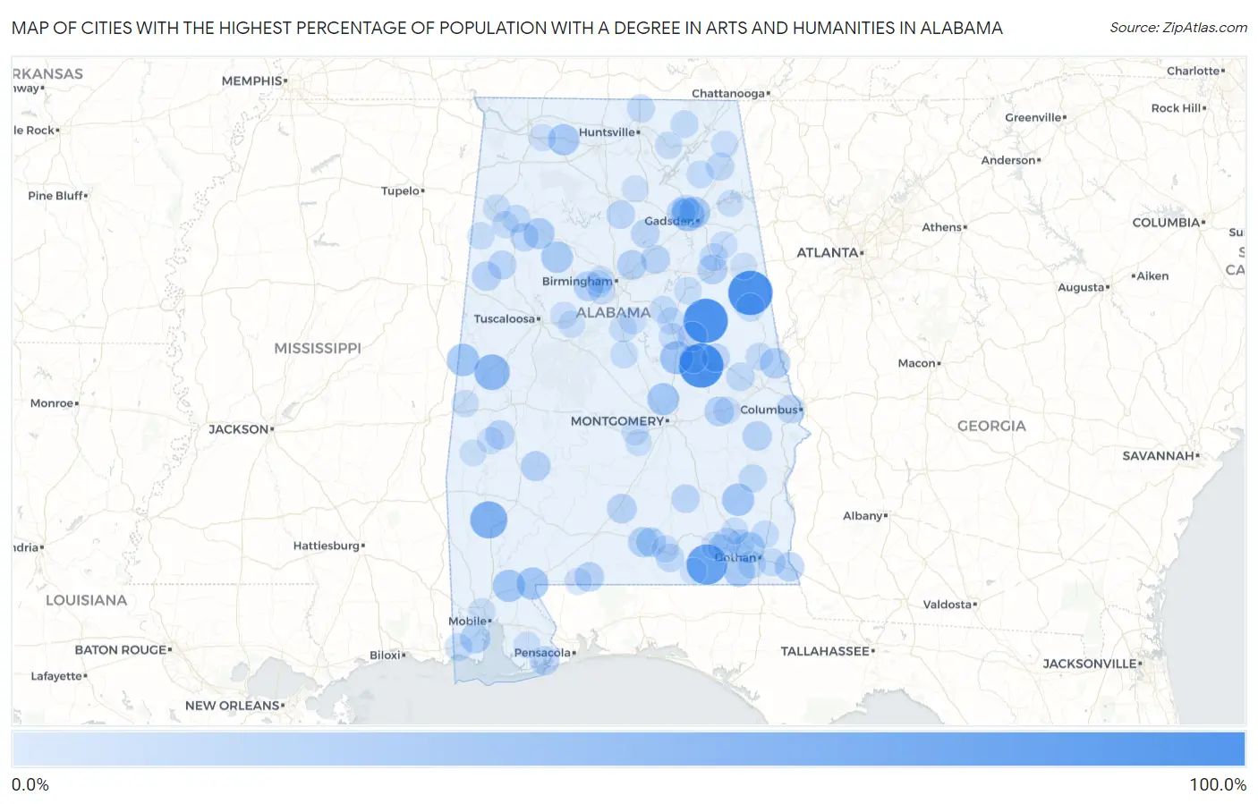 Cities with the Highest Percentage of Population with a Degree in Arts and Humanities in Alabama Map