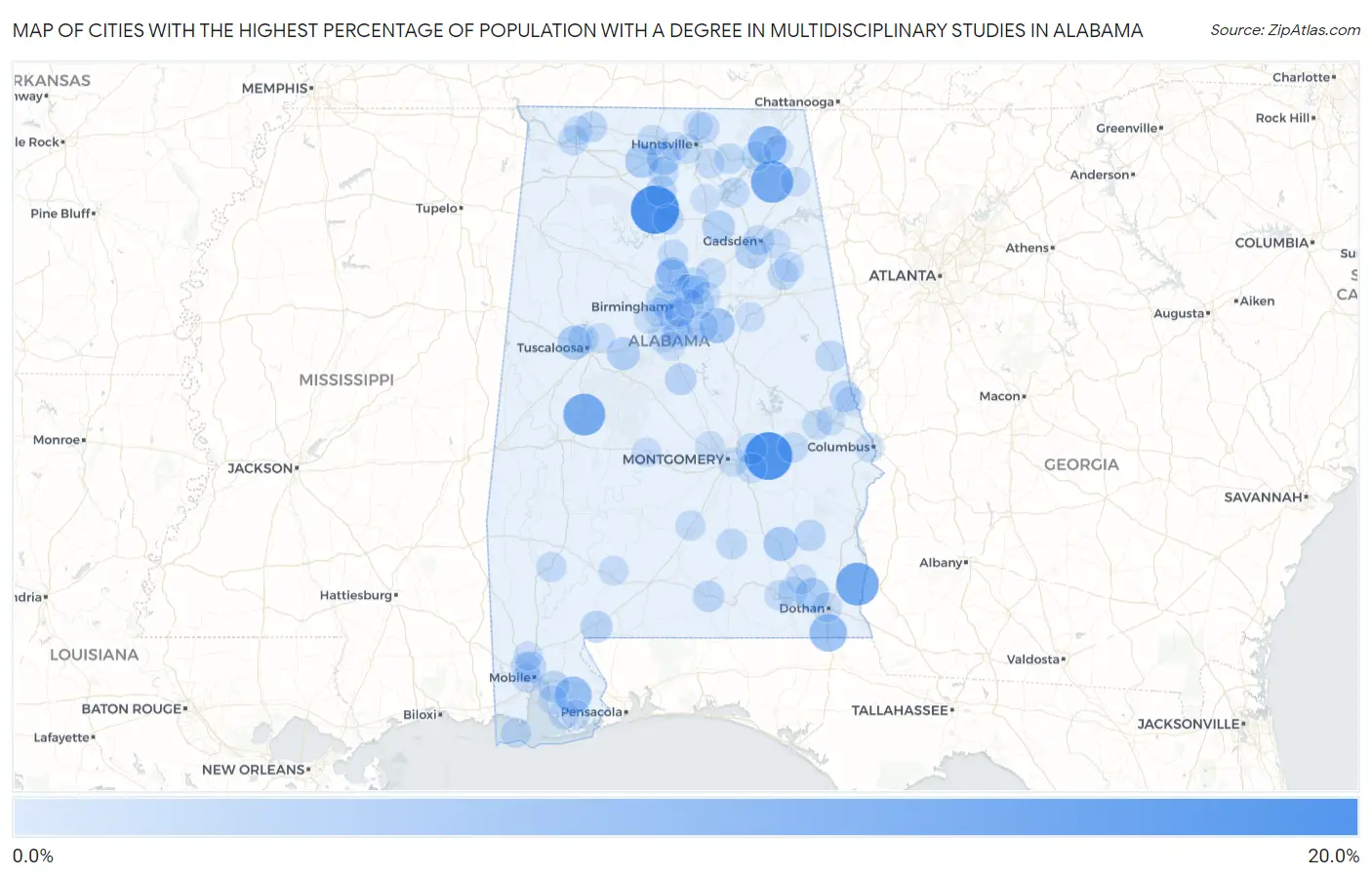 Cities with the Highest Percentage of Population with a Degree in Multidisciplinary Studies in Alabama Map