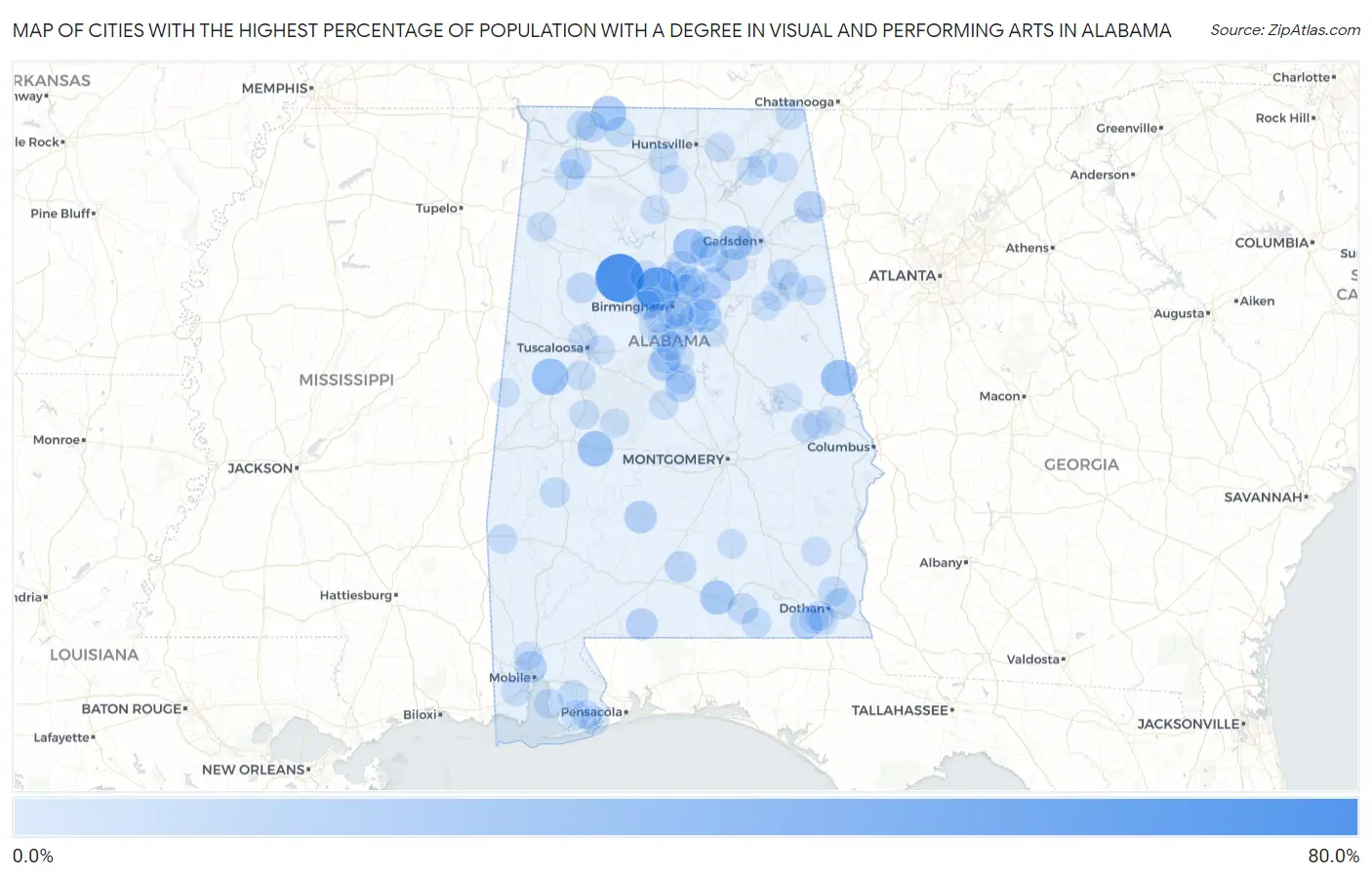 Cities with the Highest Percentage of Population with a Degree in Visual and Performing Arts in Alabama Map