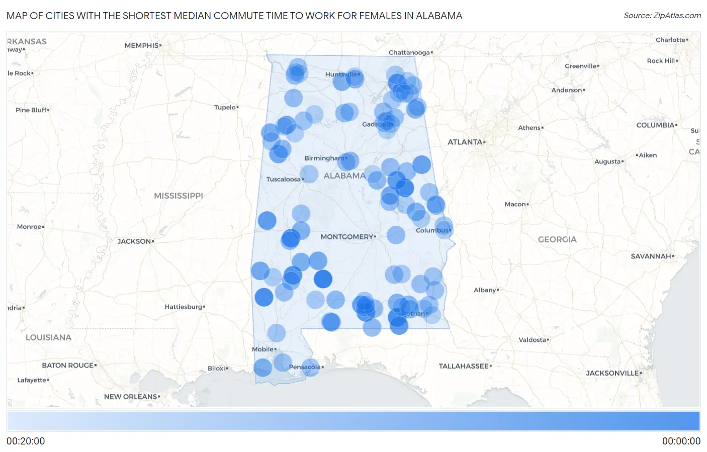 Cities with the Shortest Median Commute Time to Work for Females in Alabama Map