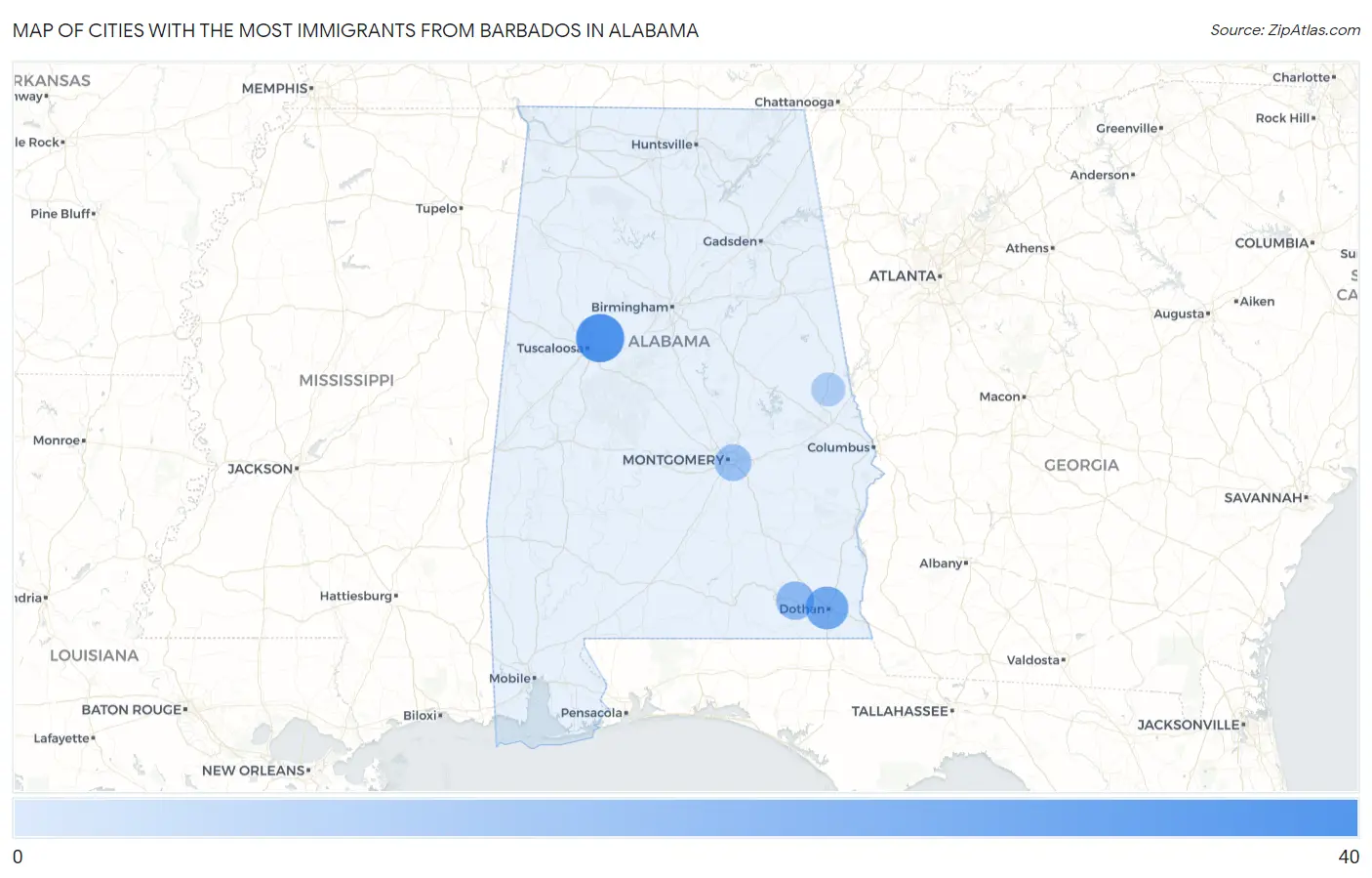 Cities with the Most Immigrants from Barbados in Alabama Map