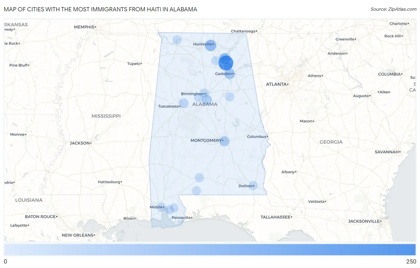 Cities with the Most Immigrants from Haiti in Alabama Map