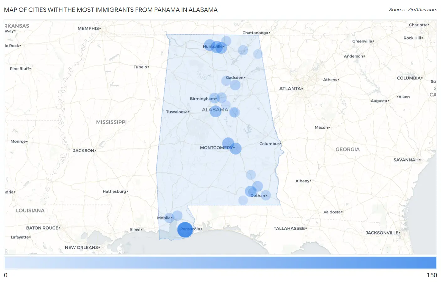 Cities with the Most Immigrants from Panama in Alabama Map