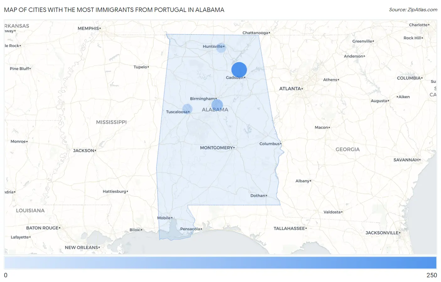 Cities with the Most Immigrants from Portugal in Alabama Map