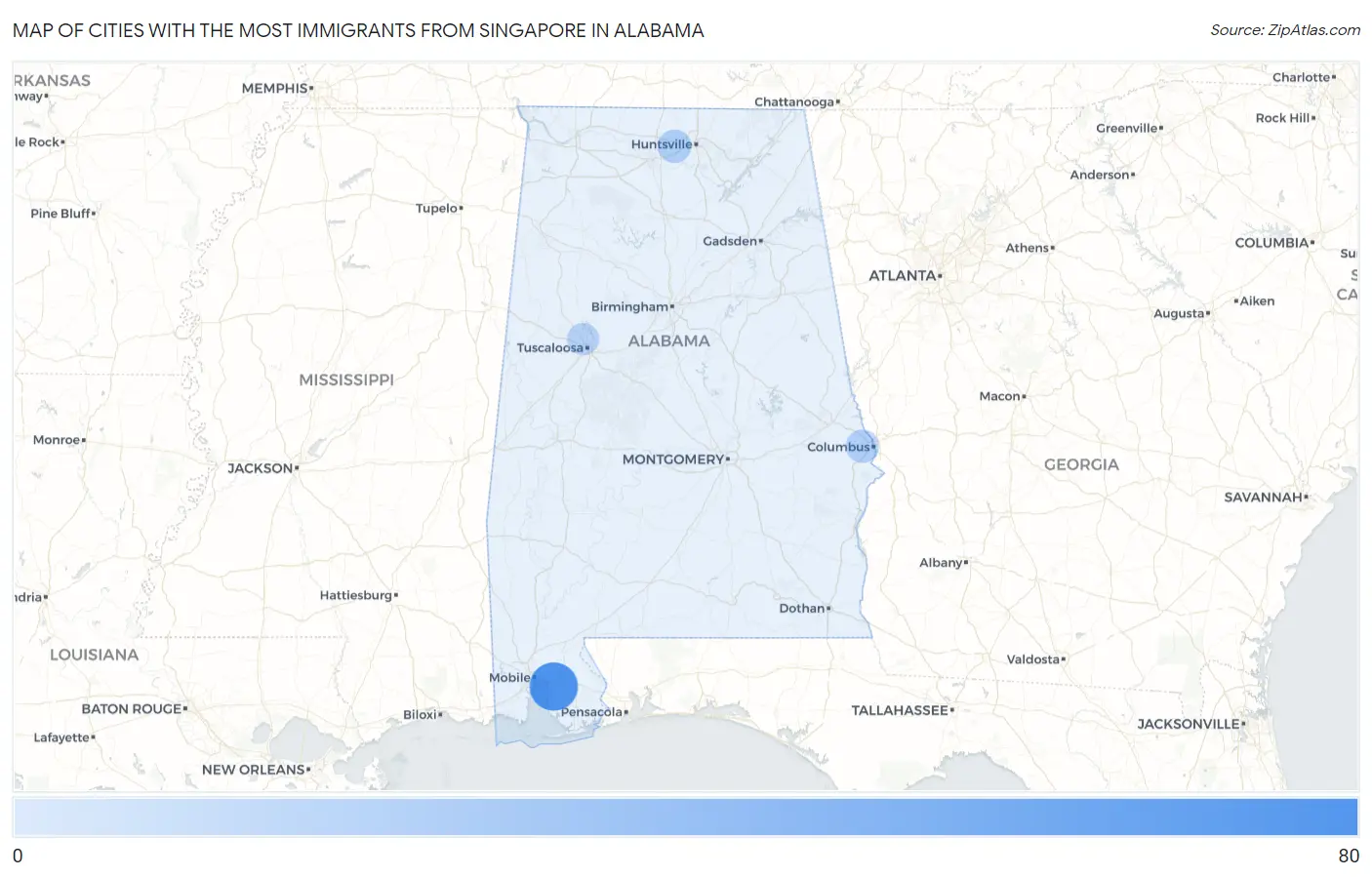 Cities with the Most Immigrants from Singapore in Alabama Map