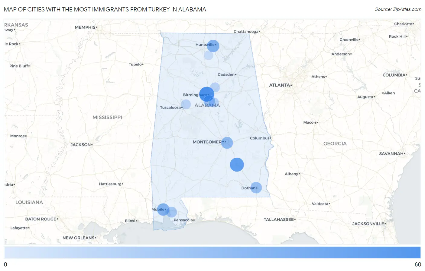 Cities with the Most Immigrants from Turkey in Alabama Map