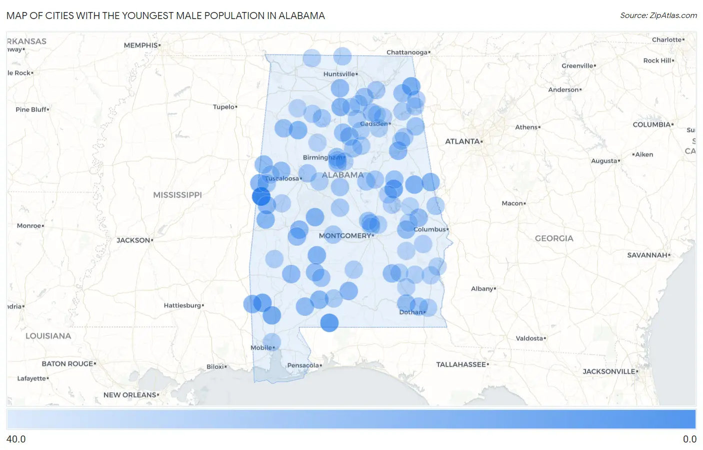 Cities with the Youngest Male Population in Alabama Map
