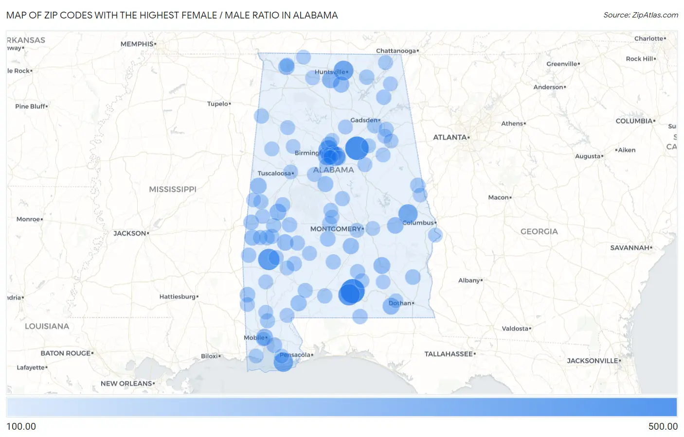 Zip Codes with the Highest Female / Male Ratio in Alabama Map