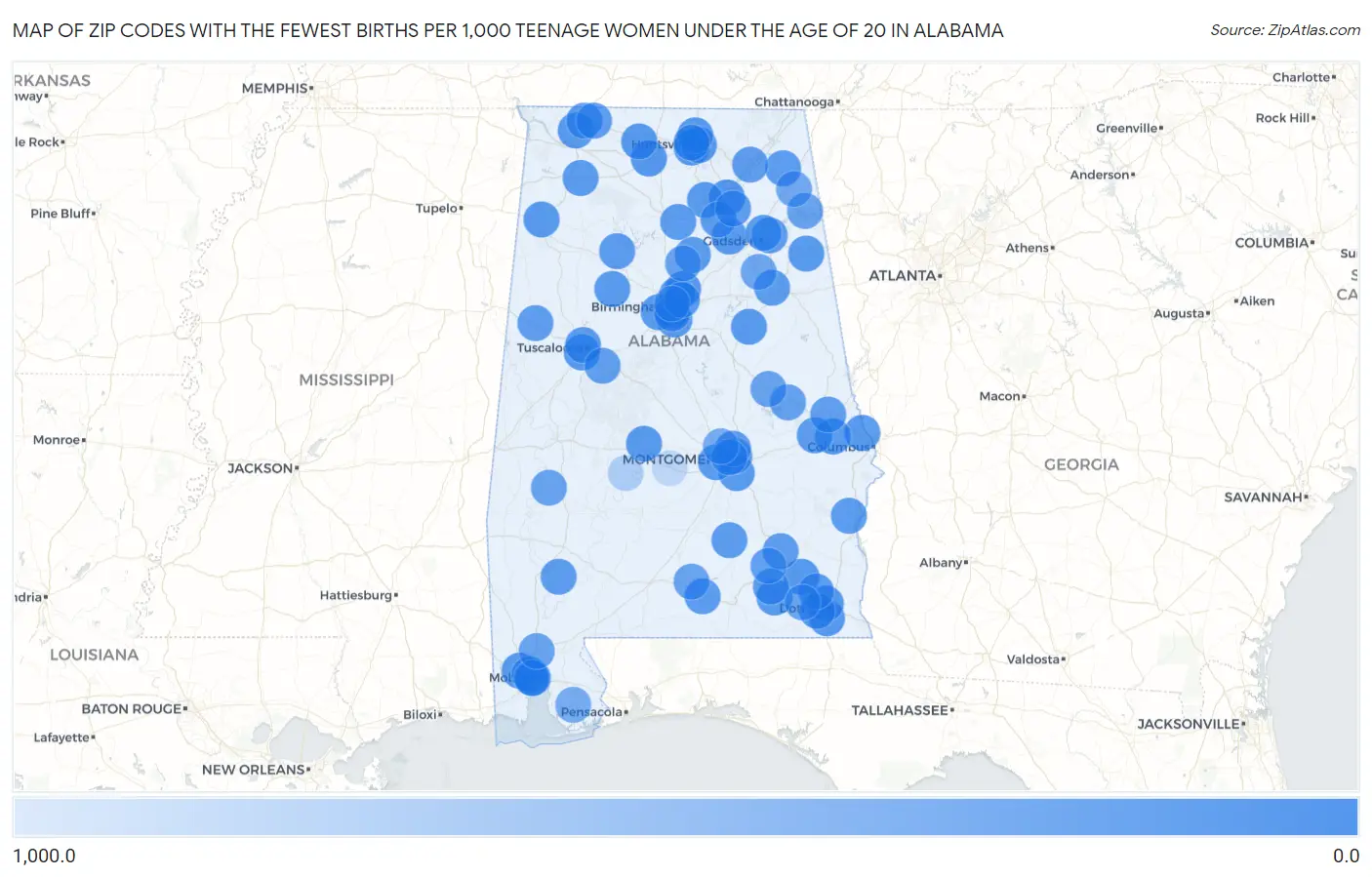 Zip Codes with the Fewest Births per 1,000 Teenage Women Under the Age of 20 in Alabama Map