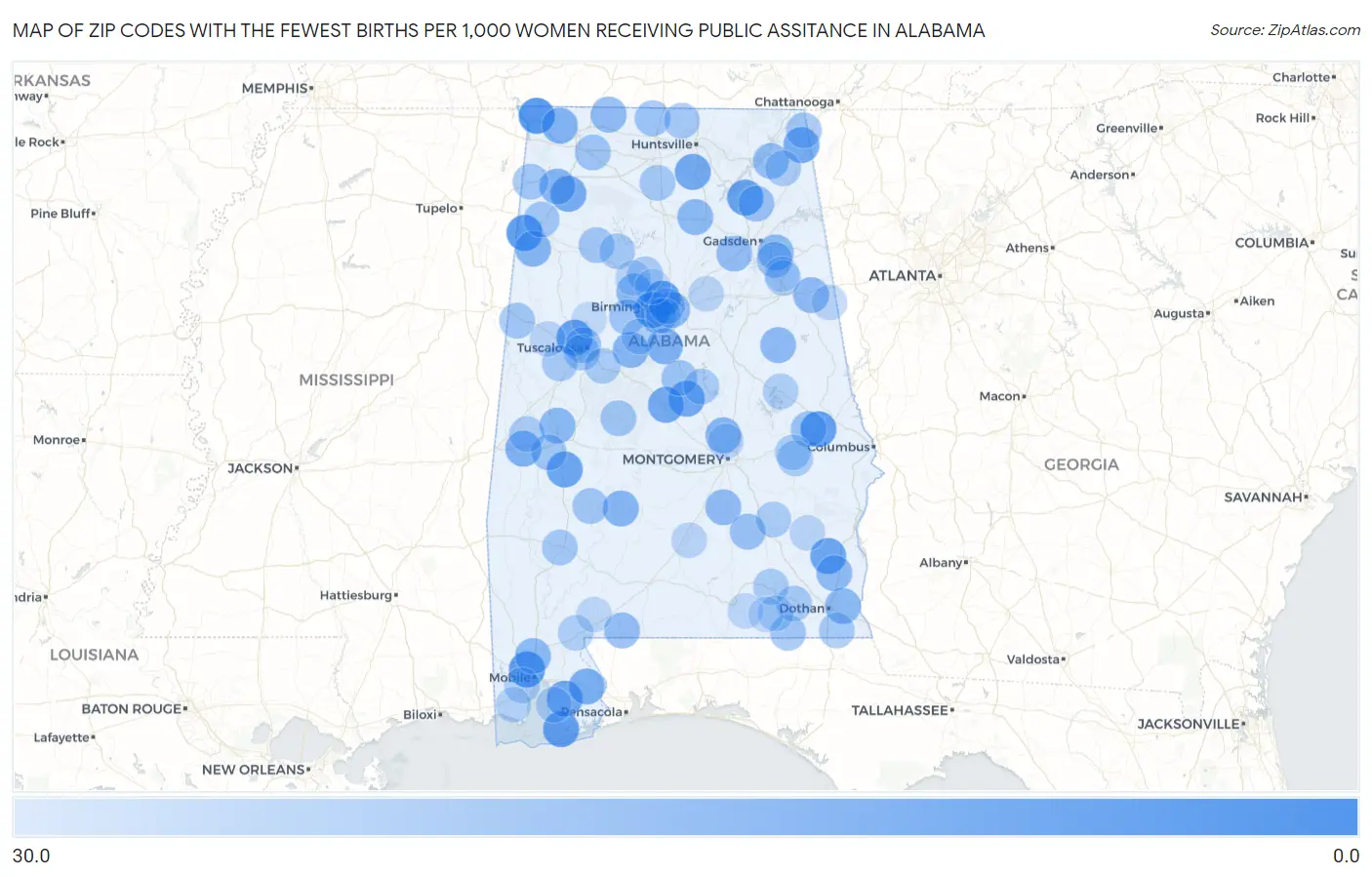 Zip Codes with the Fewest Births per 1,000 Women Receiving Public Assitance in Alabama Map