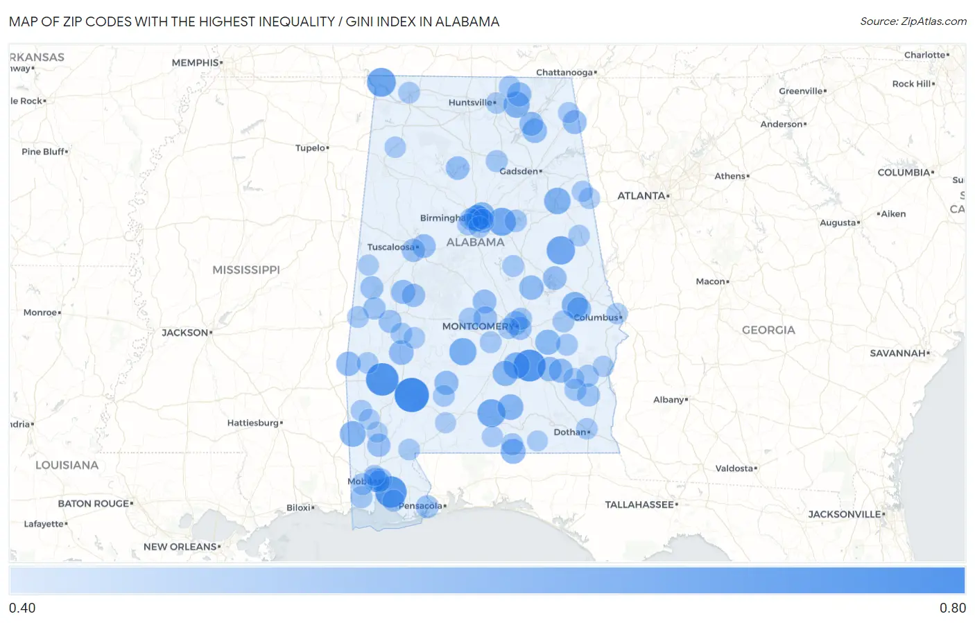 Zip Codes with the Highest Inequality / Gini Index in Alabama Map