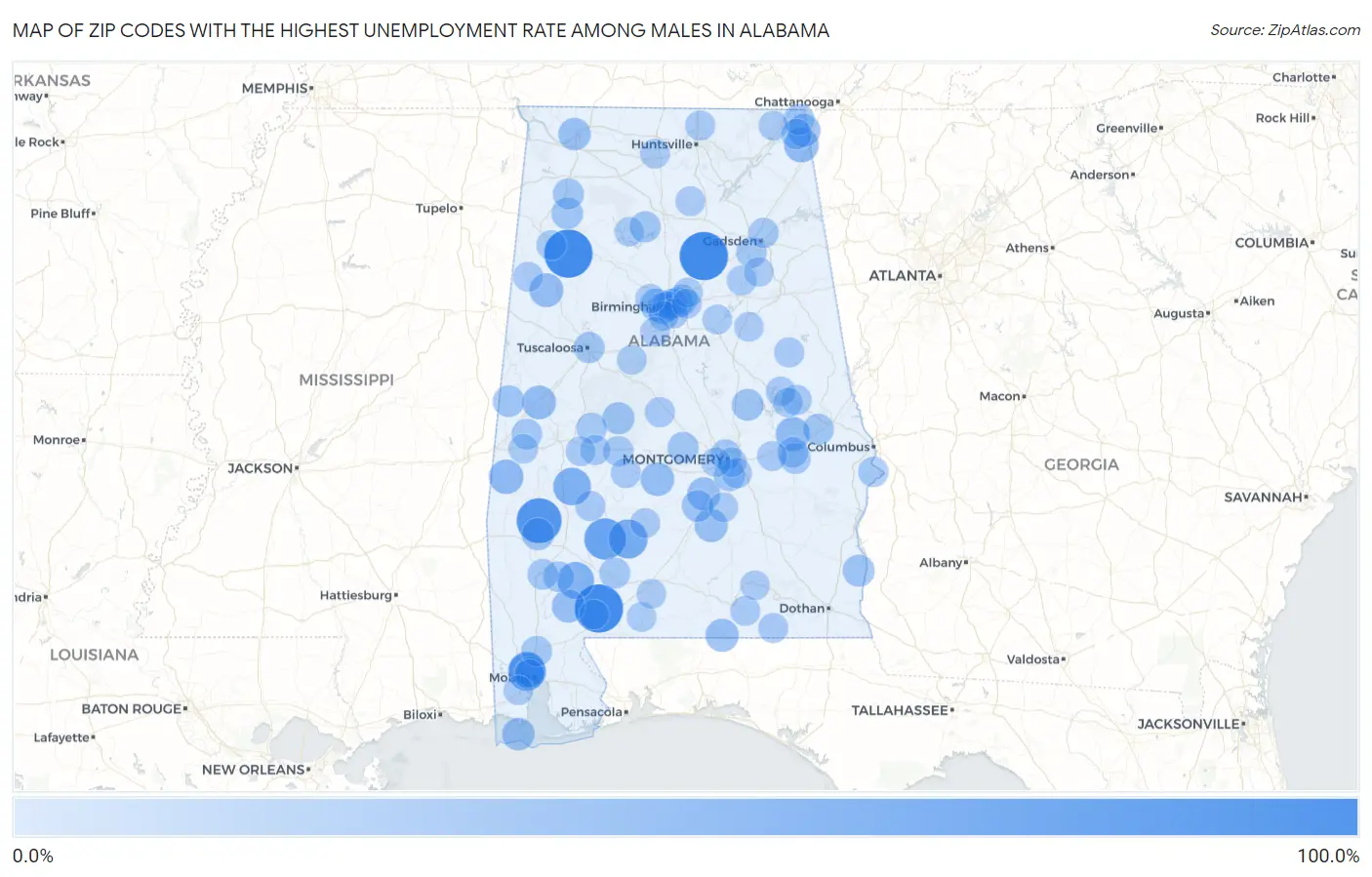 Zip Codes with the Highest Unemployment Rate Among Males in Alabama Map