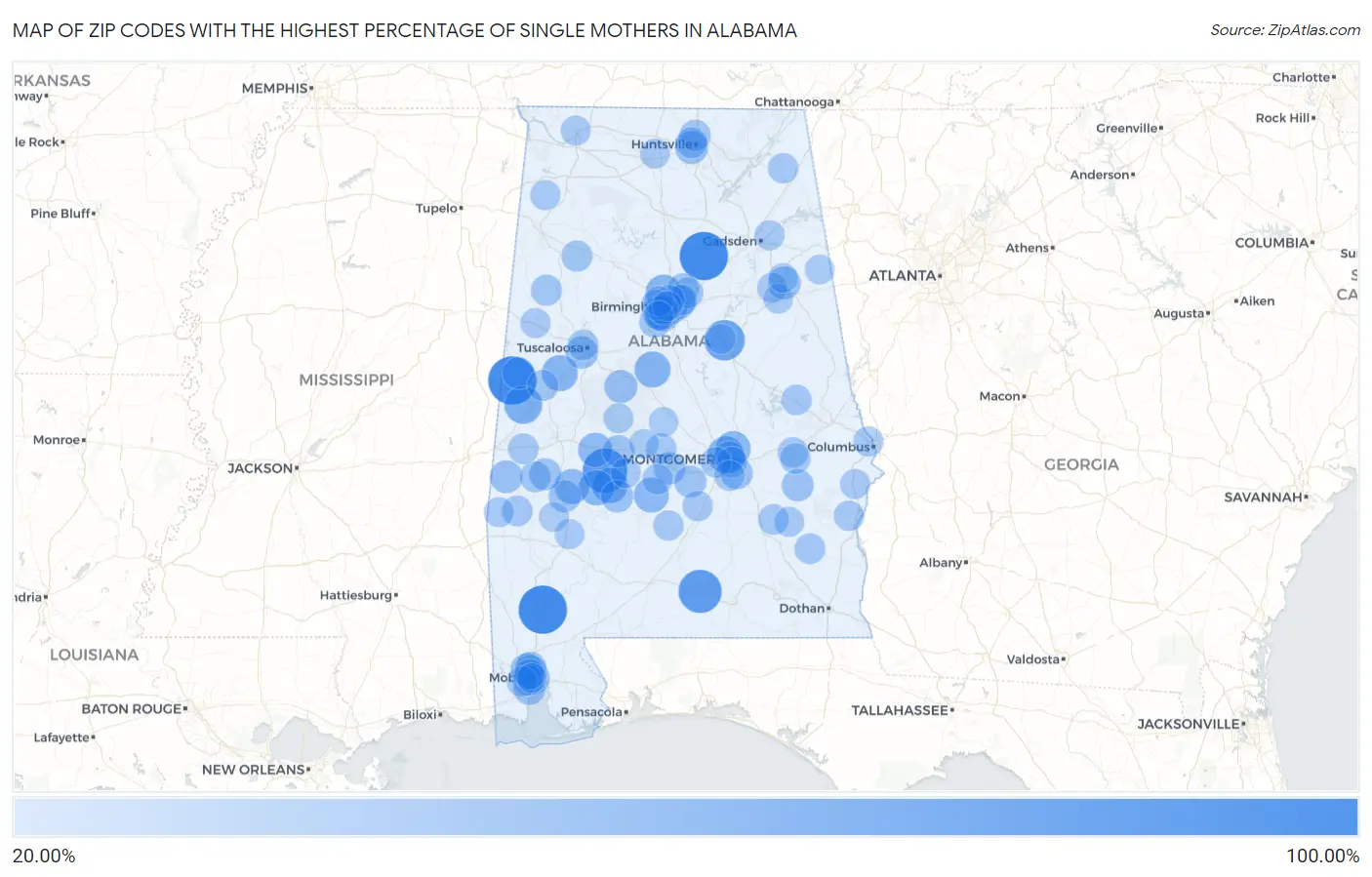 Zip Codes with the Highest Percentage of Single Mothers in Alabama Map