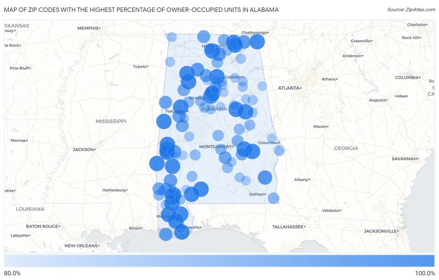 Zip Codes with the Highest Percentage of Owner-Occupied Units in Alabama Map