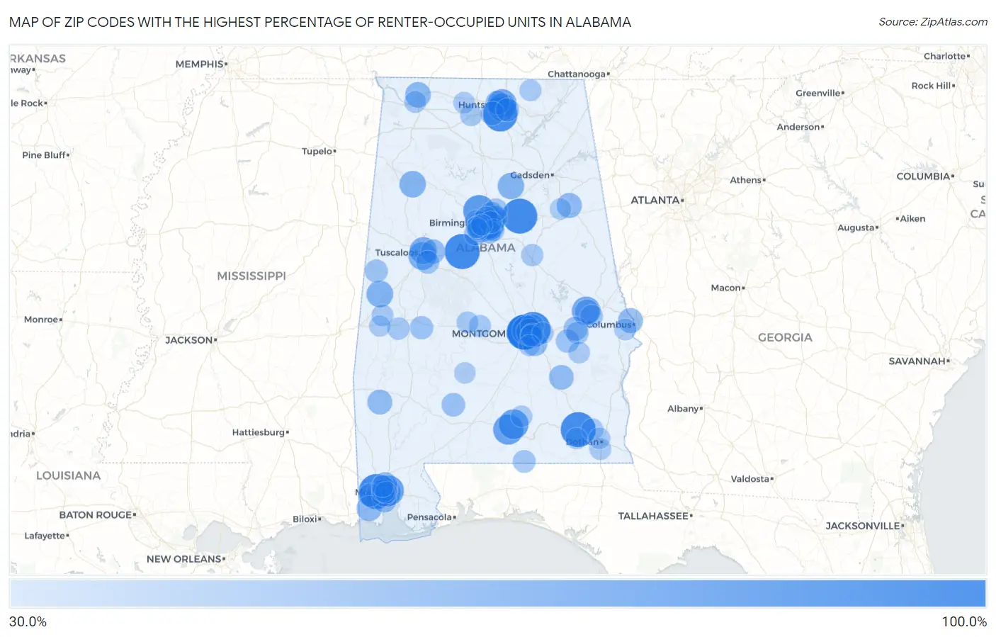 Zip Codes with the Highest Percentage of Renter-Occupied Units in Alabama Map