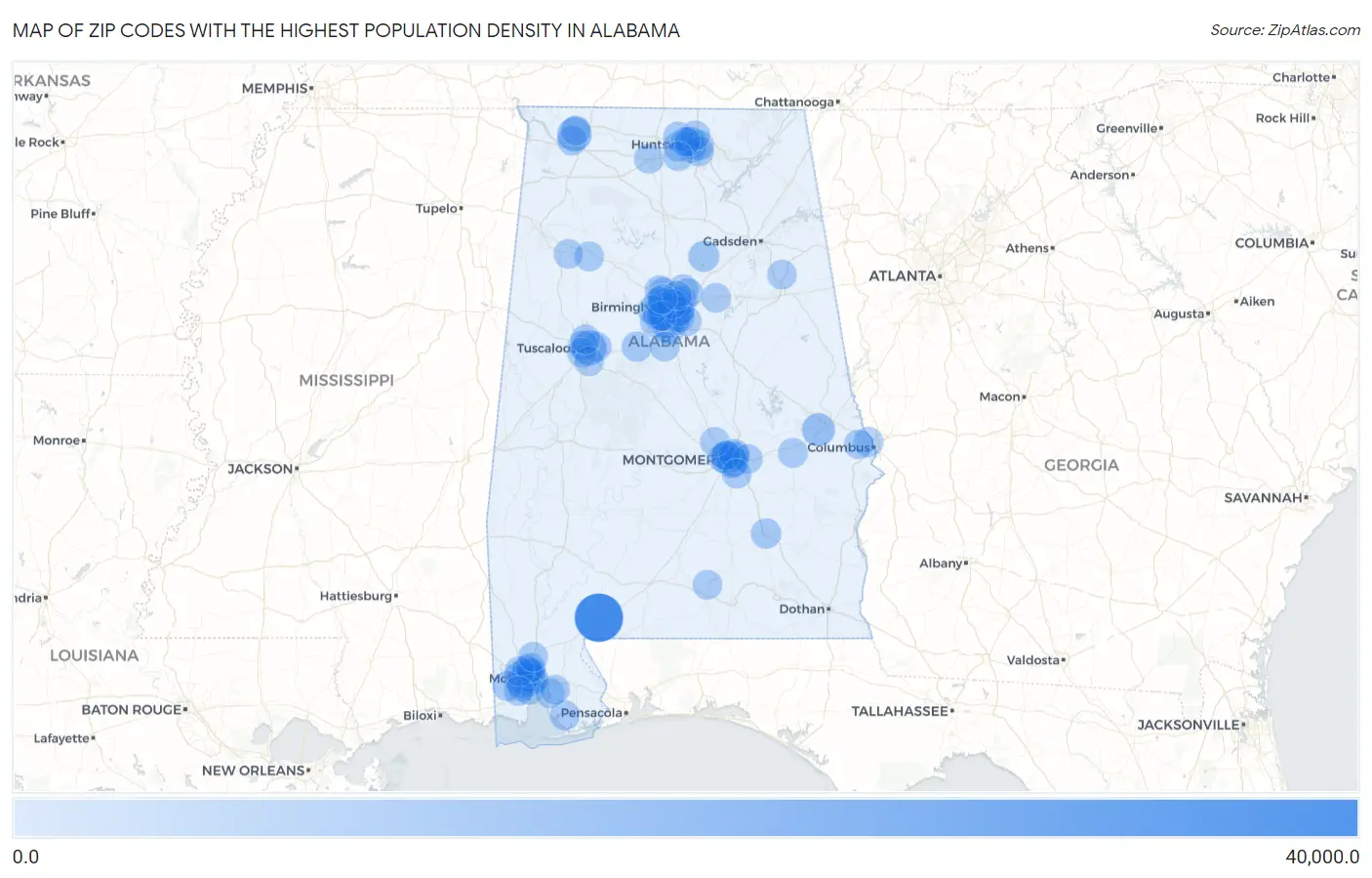 Zip Codes with the Highest Population Density in Alabama Map